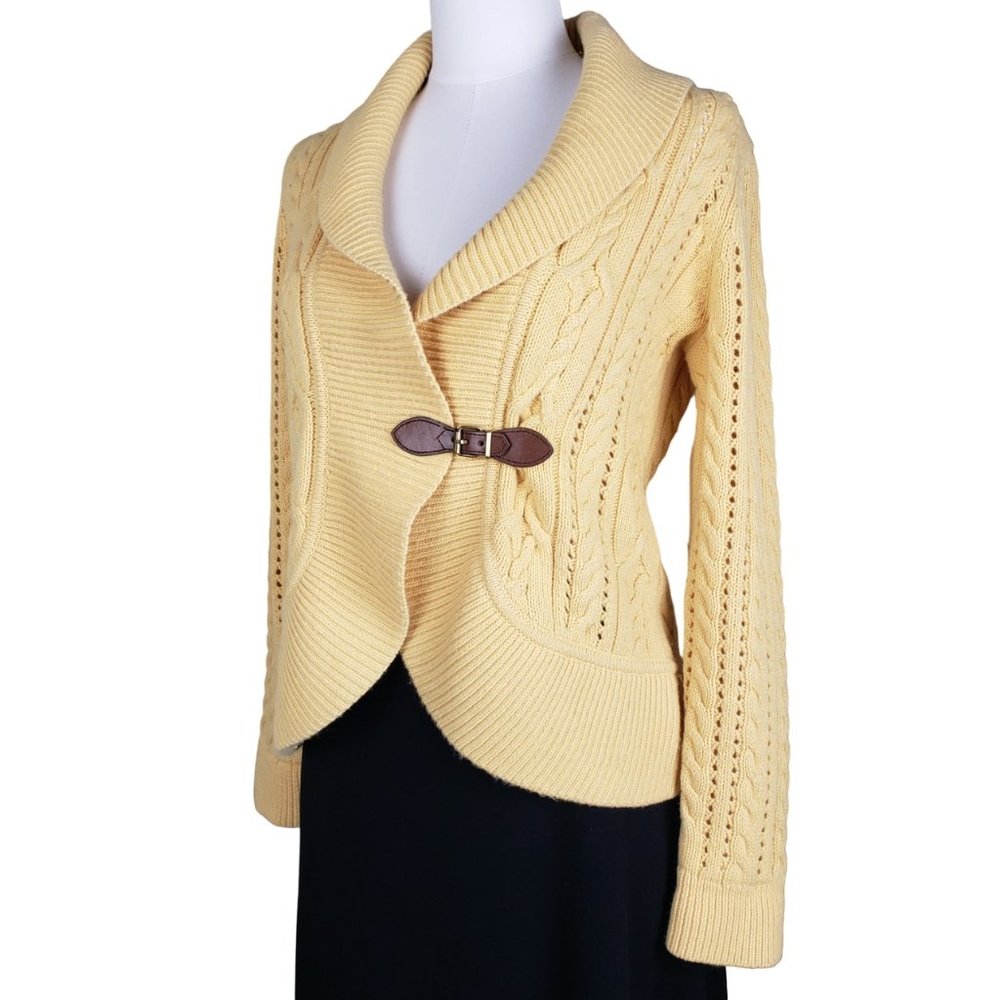 Talbots Lambswool Cable Knit Yellow Cardigan Leather Buckle Sweater MP
